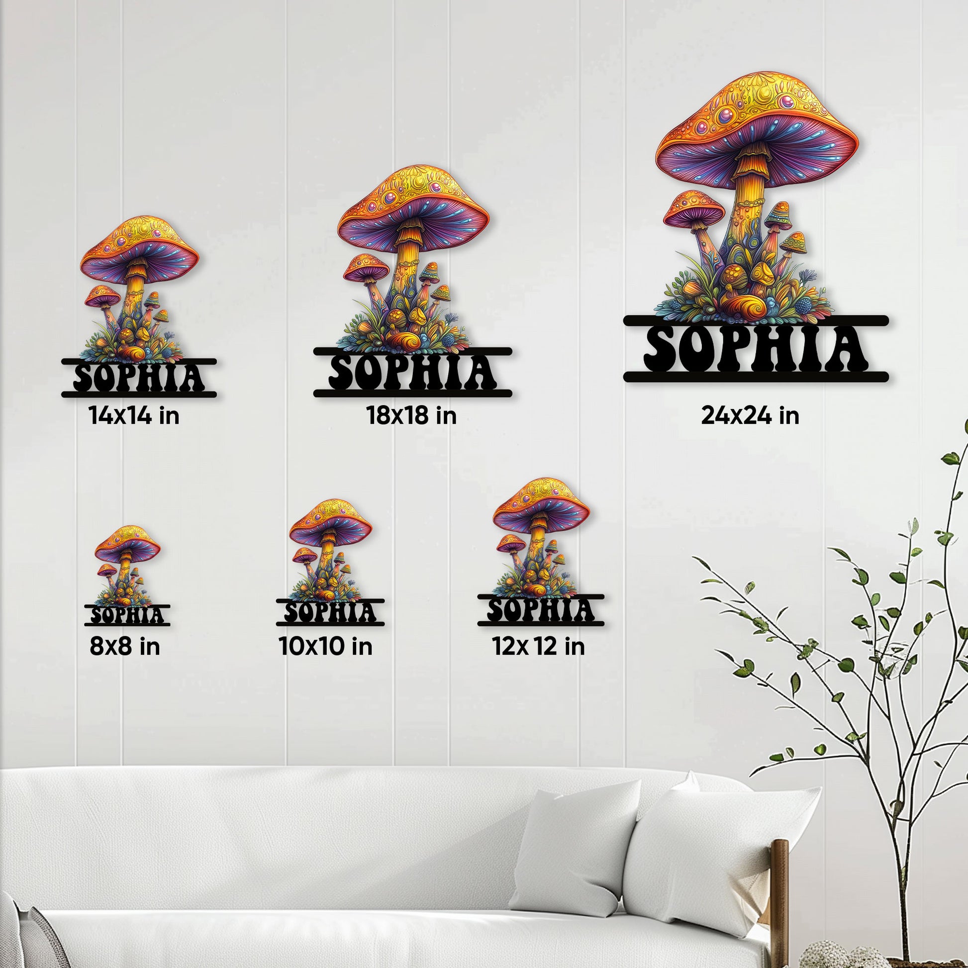 Psychedelic mushroom metal sign shown in multiple size options against a light wall