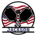 Patriotic pickleball metal sign featuring crossed paddles and a pickleball over an American flag