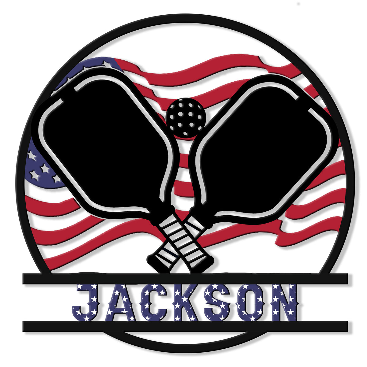 Patriotic pickleball metal sign featuring crossed paddles and a pickleball over an American flag