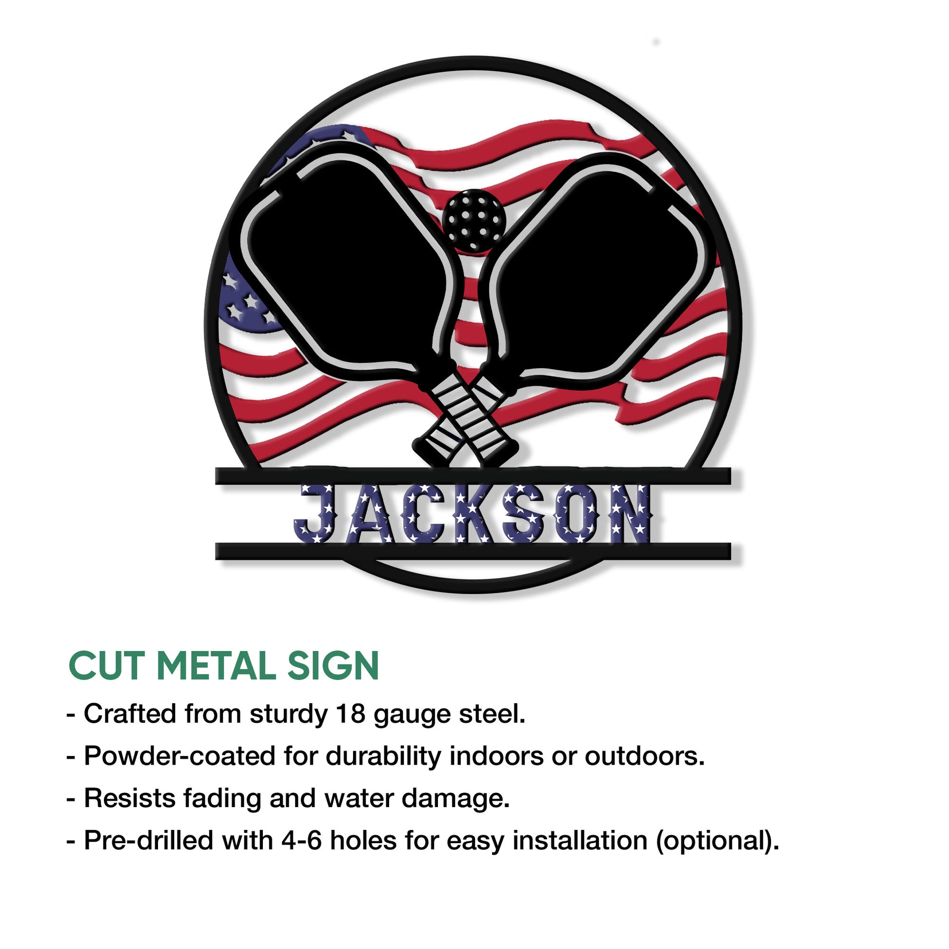 Cut metal pickleball sign with crossed paddles, ball, circular frame, and patriotic flag design