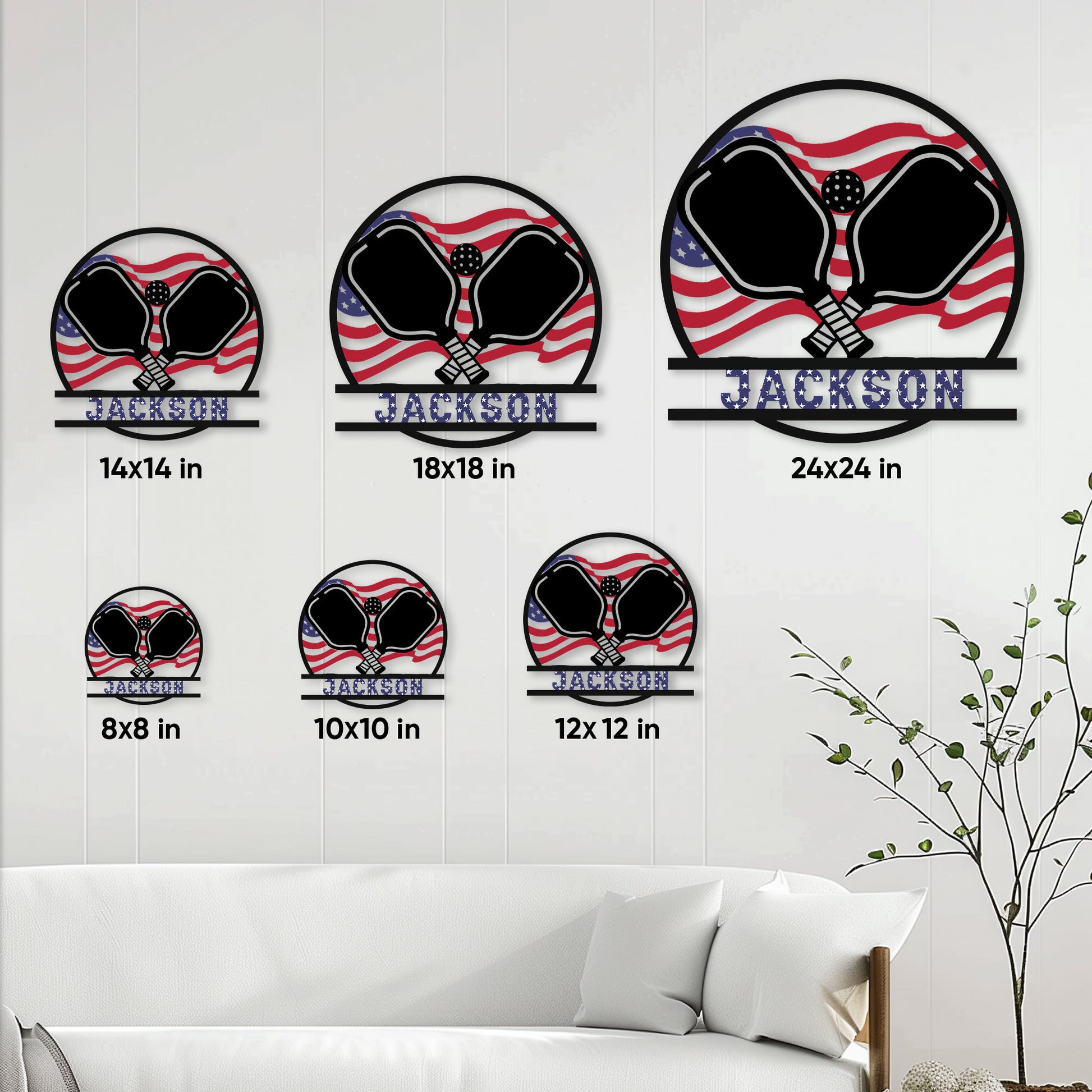 Pickleball metal sign size guide showing available 8, 10, 12, 14, 18, and 24 inch options