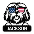 Lhasa Apso metal sign featuring a shaggy dog wearing American flag sunglasses and a heart-shaped beard detail