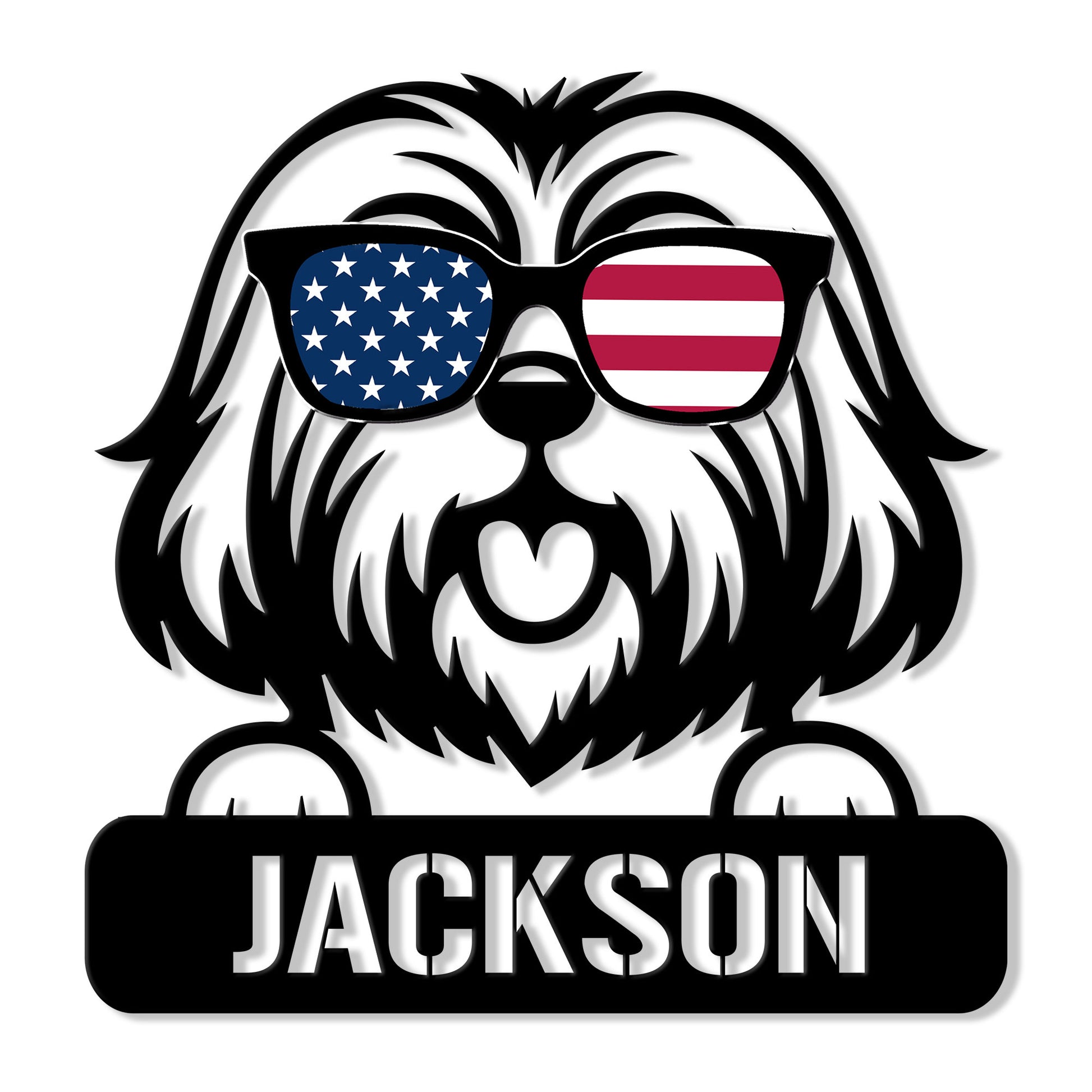Lhasa Apso metal sign featuring a shaggy dog wearing American flag sunglasses and a heart-shaped beard detail