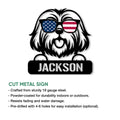 Lhasa Apso cut metal sign with patriotic sunglasses, shown in a product feature presentation