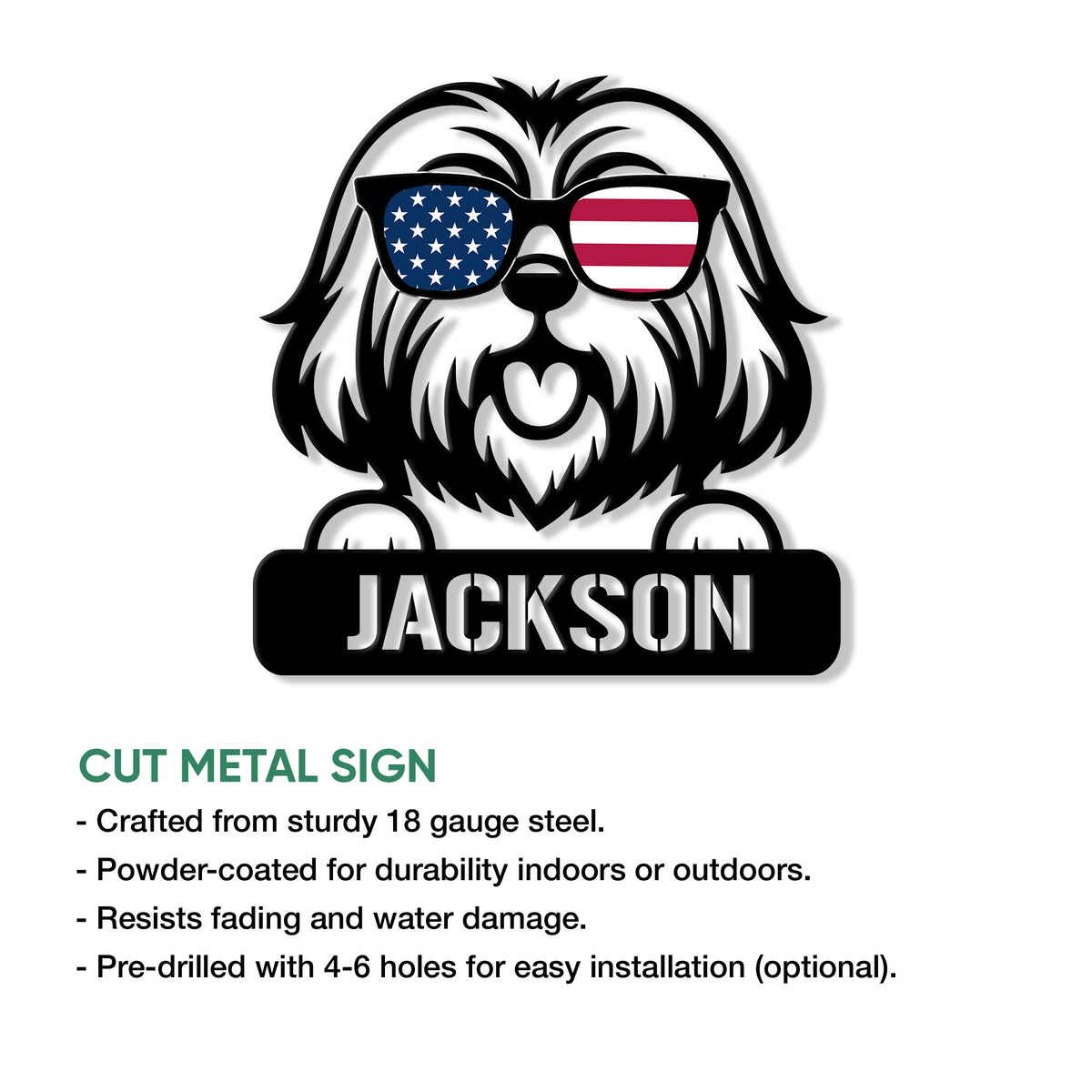 Lhasa Apso cut metal sign with patriotic sunglasses, shown in a product feature presentation