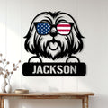 Patriotic Lhasa Apso metal wall sign displayed on a white paneled wall above a wooden console