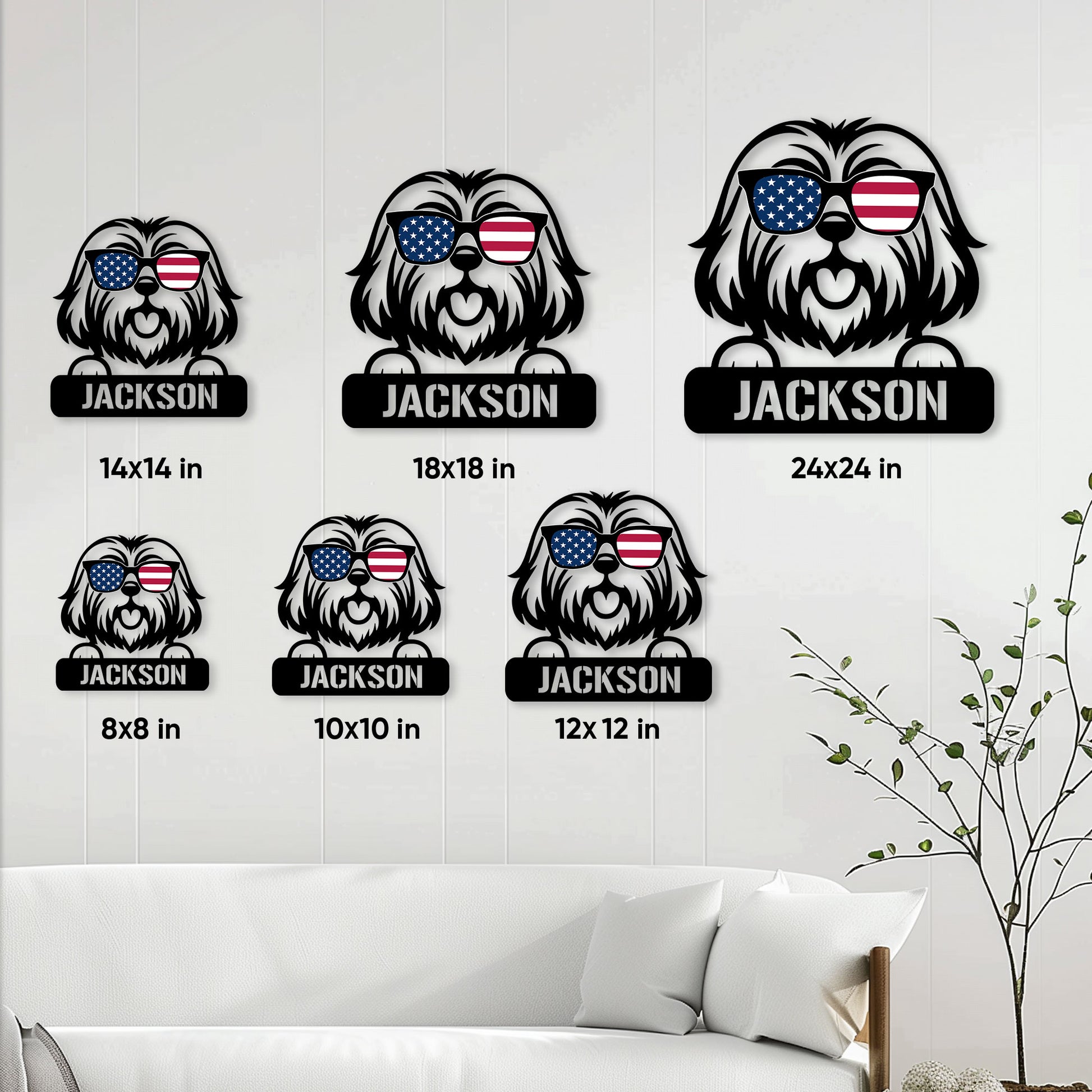 Lhasa Apso metal sign size guide showing multiple square size options in a bright living room