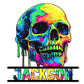 Colorful melting skull metal sign with bold cutout lettering and vivid psychedelic artwork