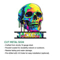 Psychedelic skull metal sign shown with a cut-metal construction and installation feature details