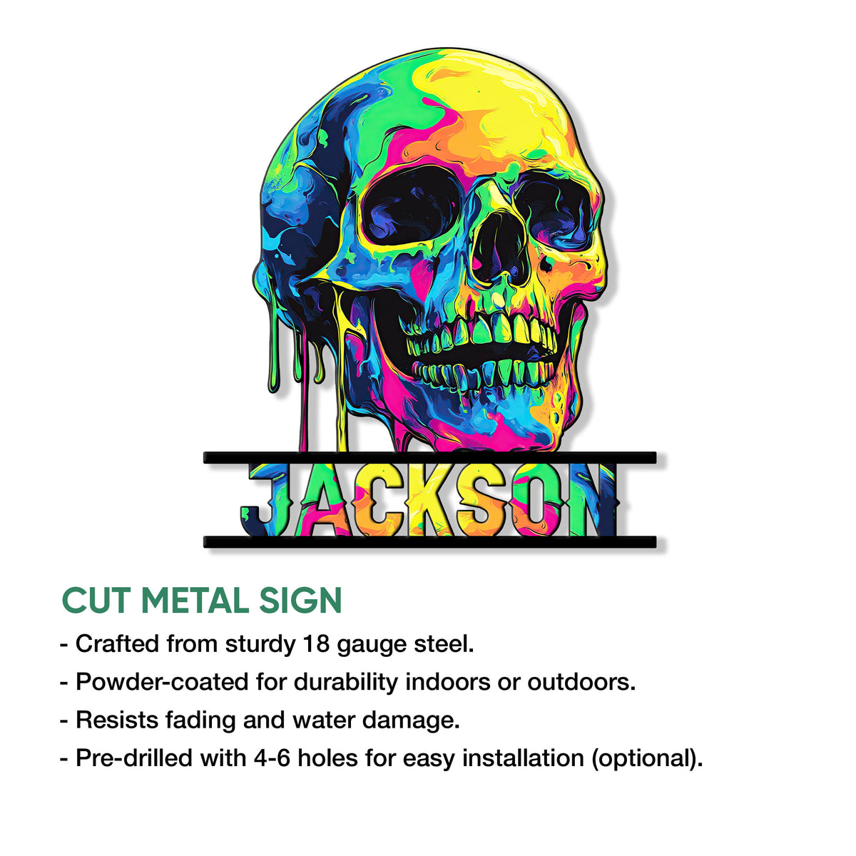 Psychedelic skull metal sign shown with a cut-metal construction and installation feature details
