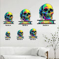 Skull metal sign size guide showing multiple available dimensions in a living room setting