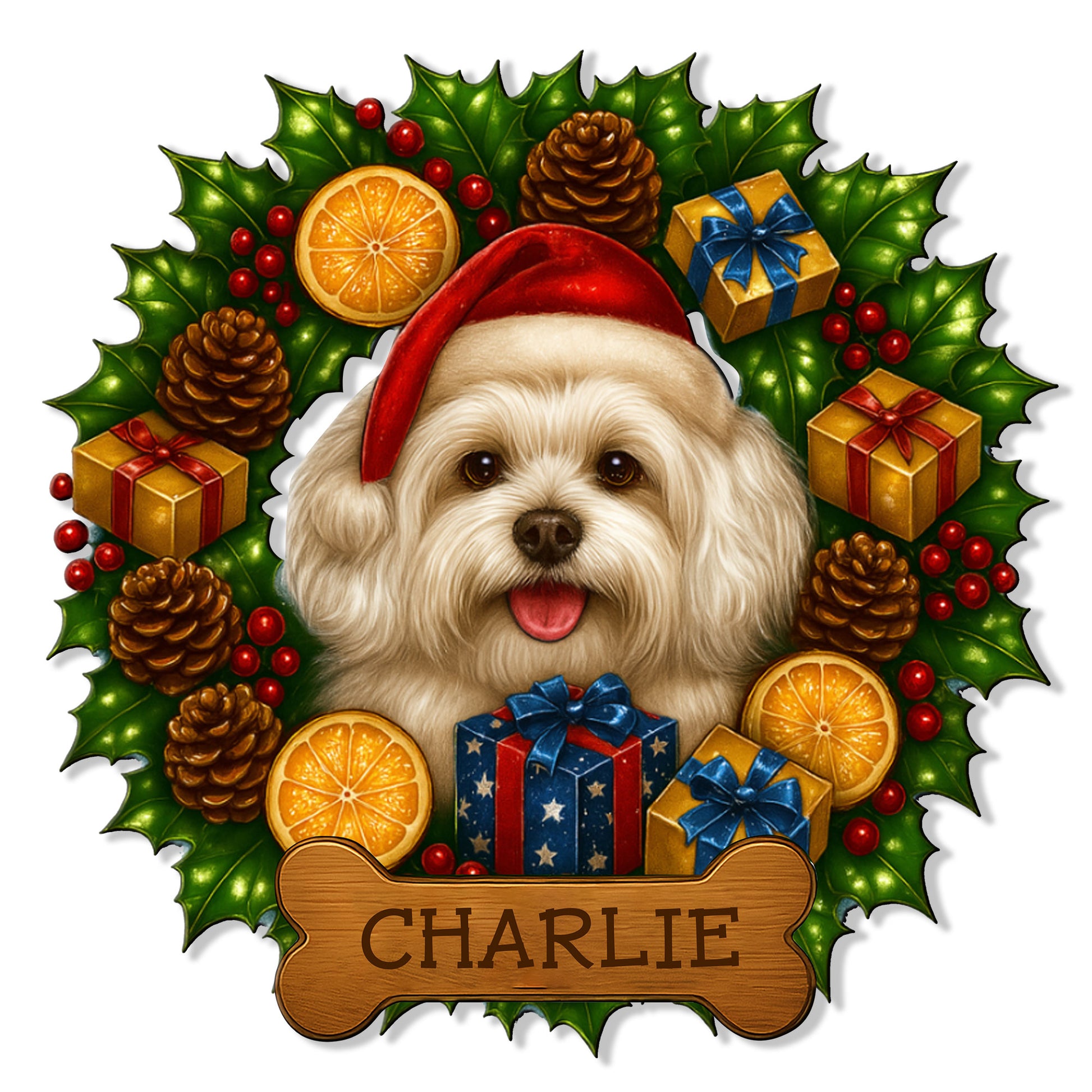Custom Maltese metal sign featuring a cheerful dog in a Santa hat surrounded by holly, gifts, and pinecones