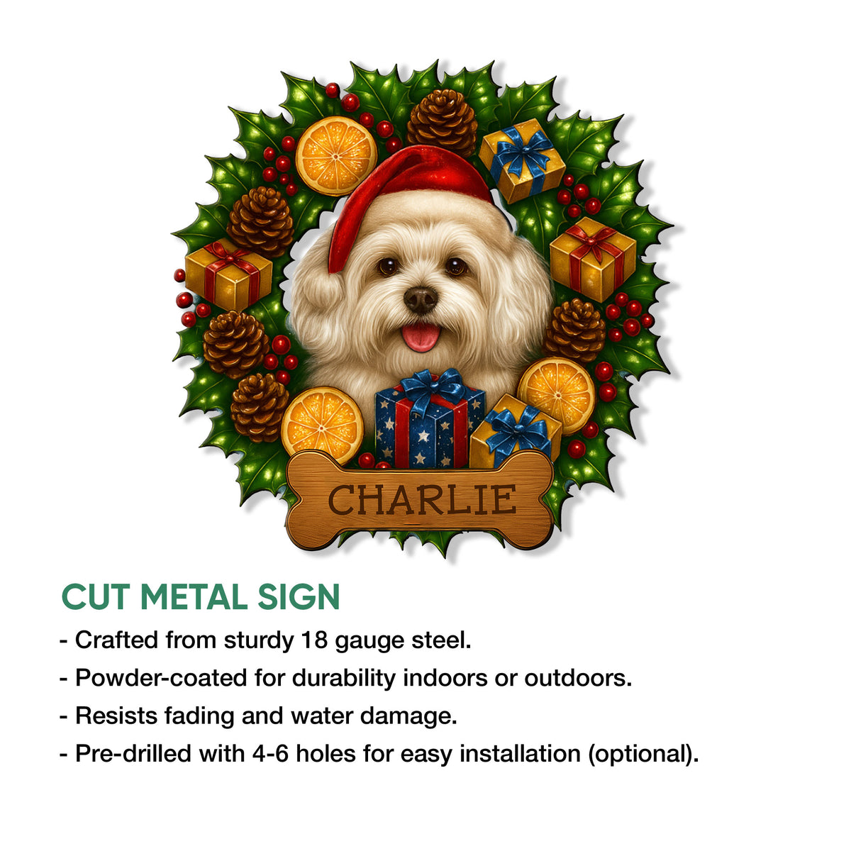 Maltese Christmas metal sign shown as a cut steel wall accent with festive dog artwork