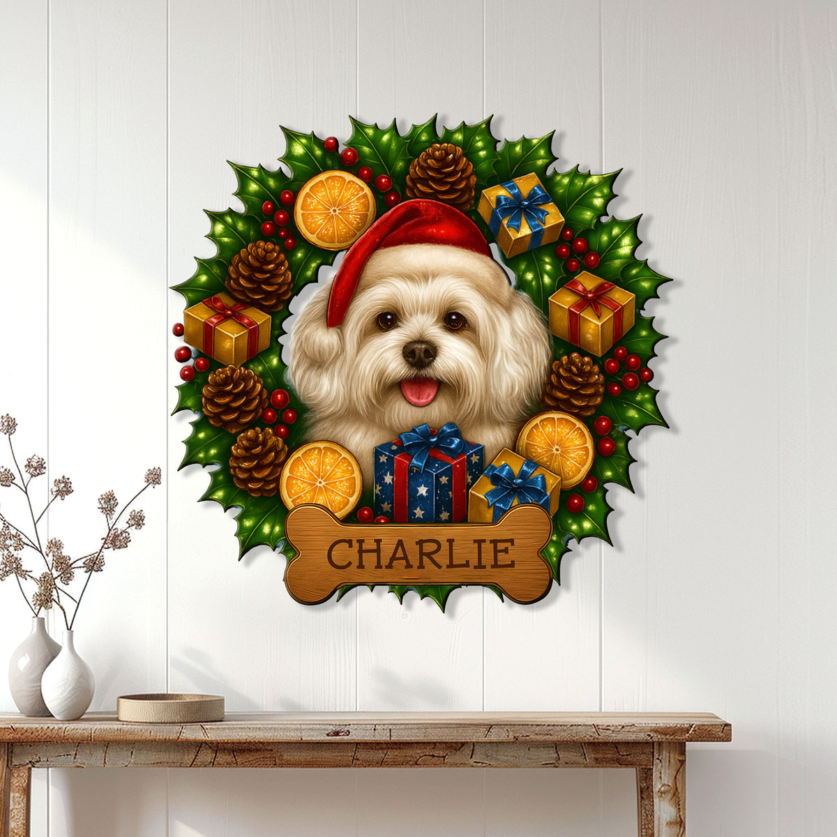 Maltese dog Christmas sign displayed on a white paneled wall above a console table