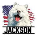 Patriotic Samoyed metal sign featuring a smiling white dog portrait over a distressed American flag