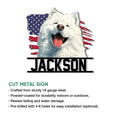 Samoyed dog metal sign shown with product feature information and patriotic artwork