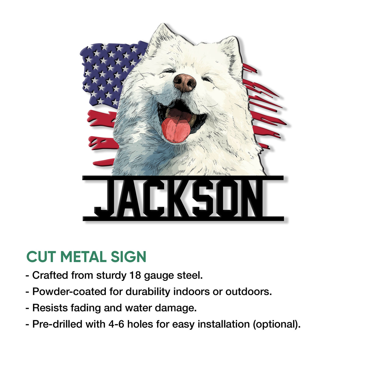 Samoyed dog metal sign shown with product feature information and patriotic artwork