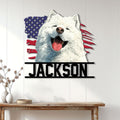 Patriotic Samoyed wall sign displayed as home decor above a console table