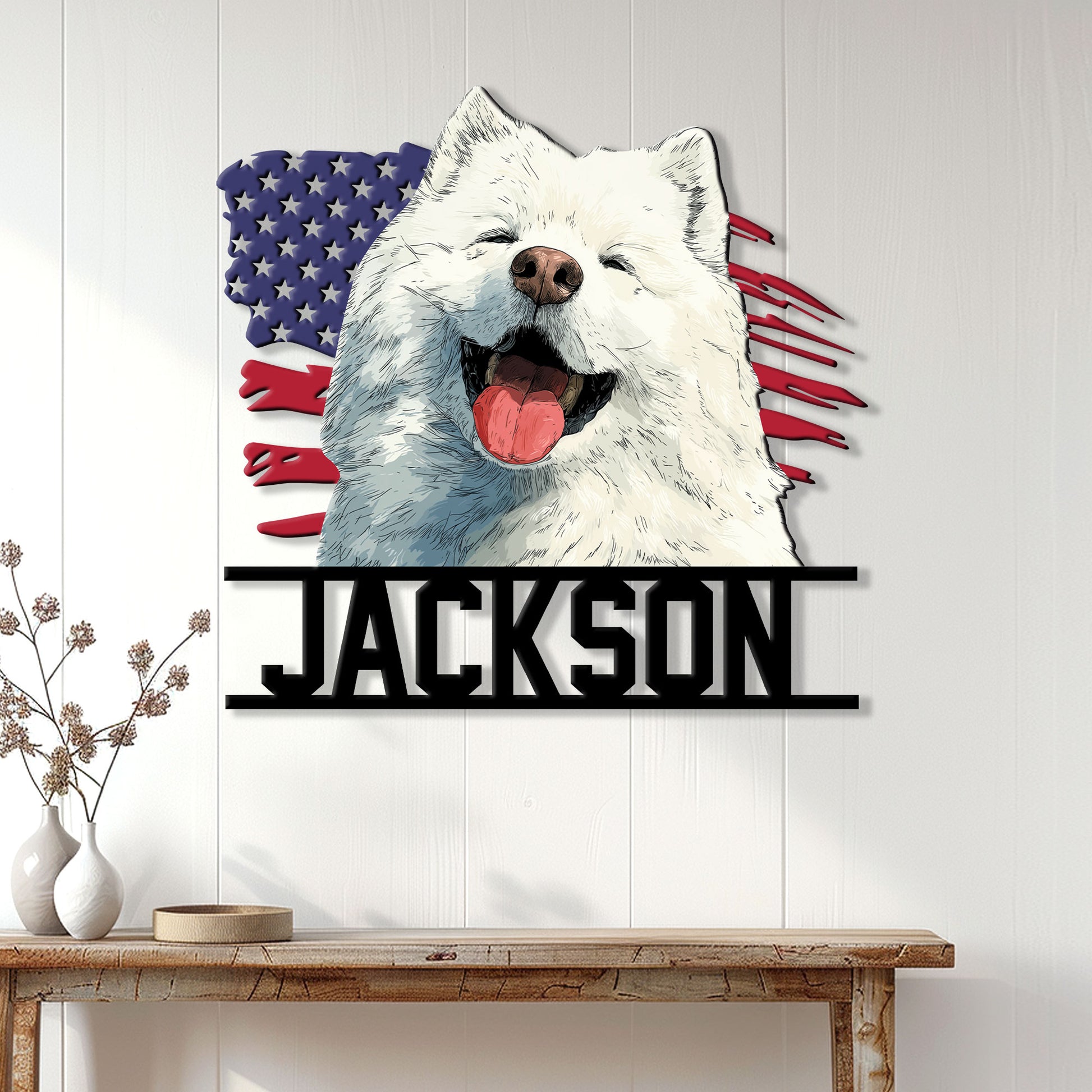 Patriotic Samoyed wall sign displayed as home decor above a console table