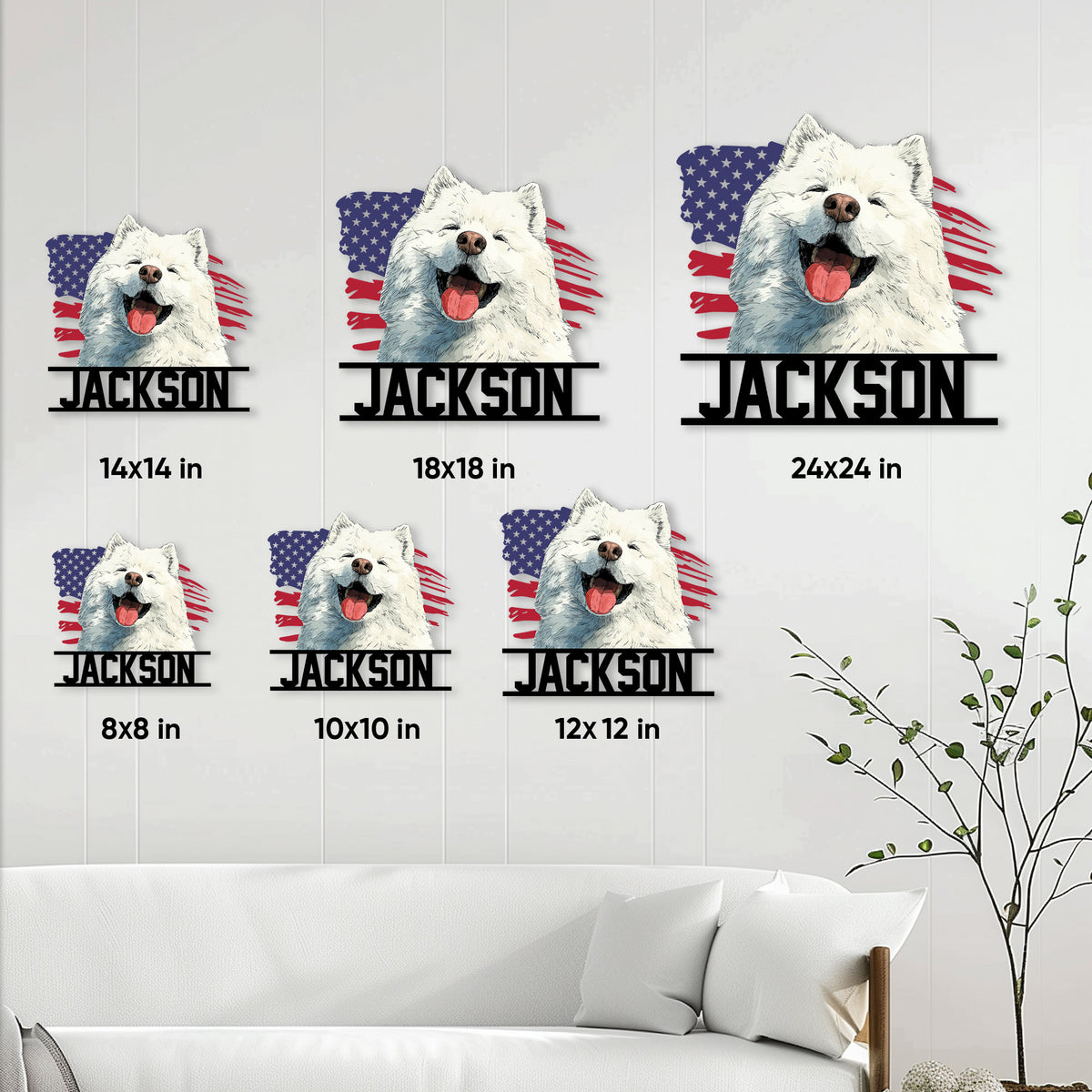 Samoyed metal sign size guide showing multiple square size options in a living room setting