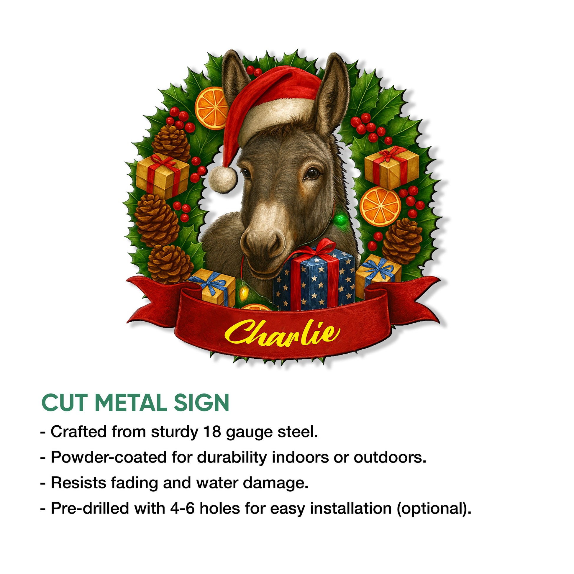 Festive donkey metal sign product graphic showing the holiday artwork and cut metal sign details