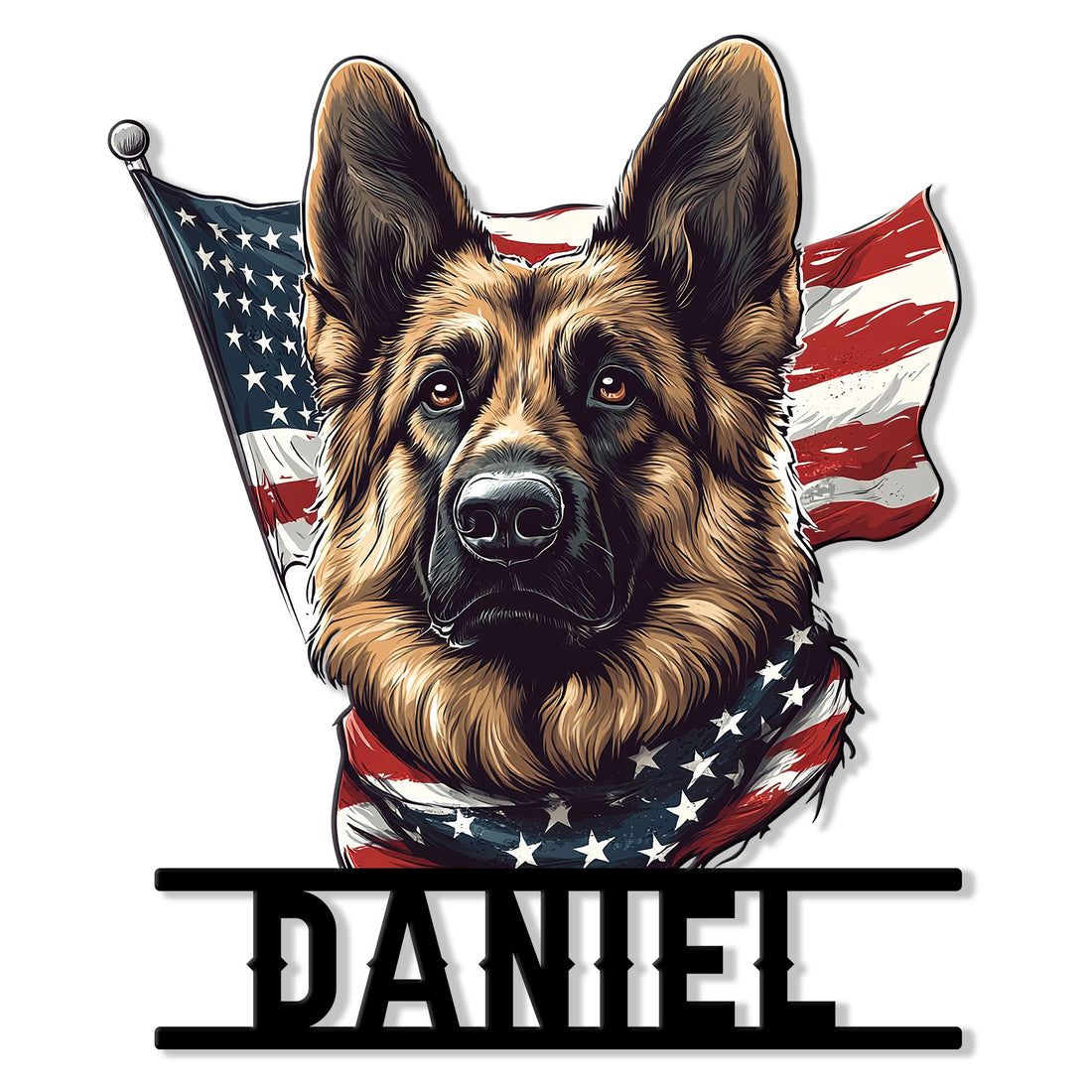 Custom German Shepherd metal sign featuring a detailed dog portrait framed by an American flag design