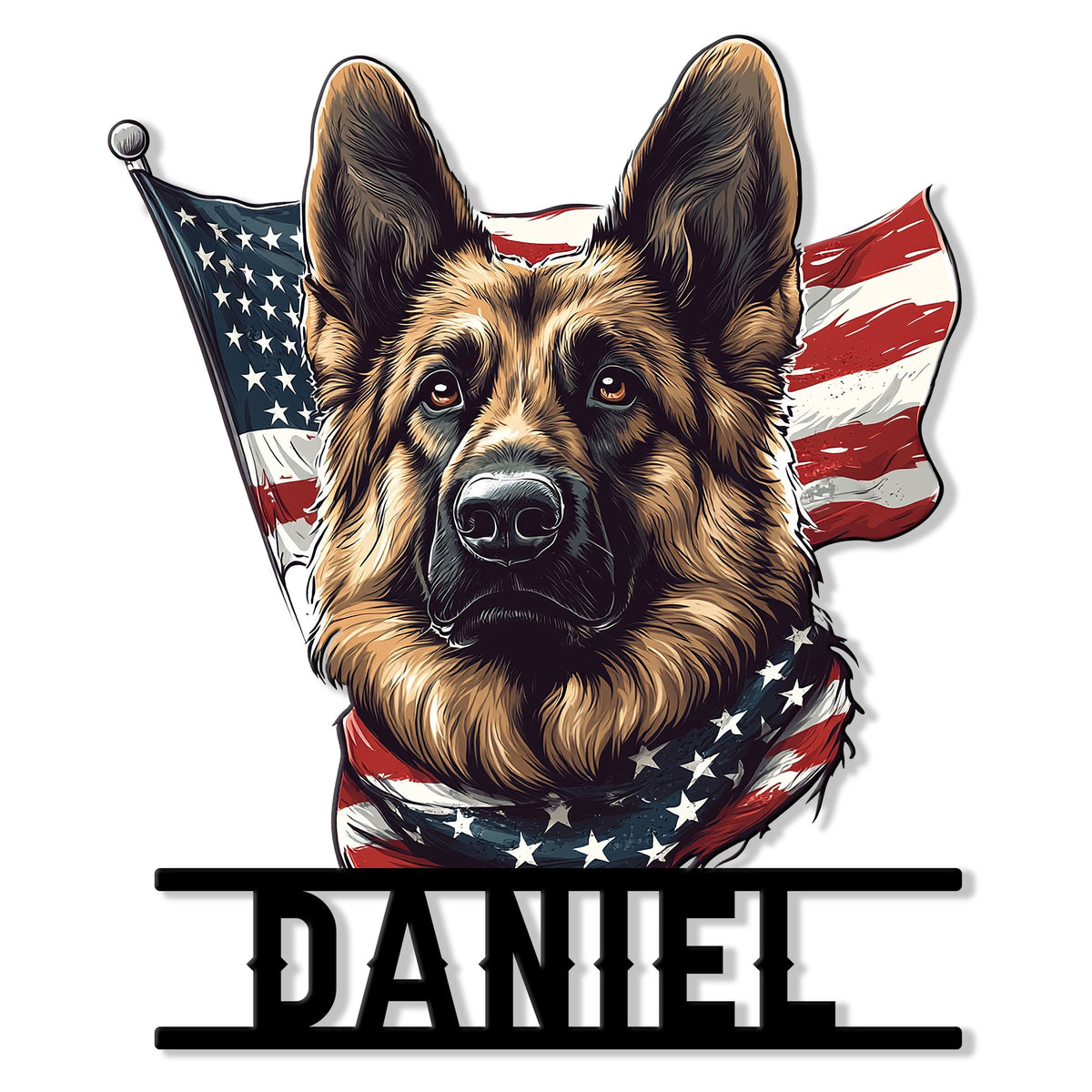 Custom German Shepherd metal sign featuring a detailed dog portrait framed by an American flag design