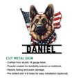 Patriotic German Shepherd metal sign shown with a bold cutout silhouette and American flag artwork