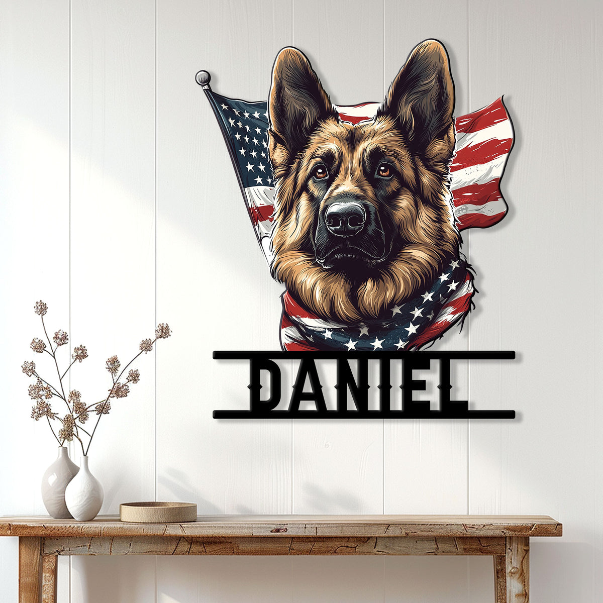 German Shepherd wall sign displayed on a light wood-paneled wall above a console table
