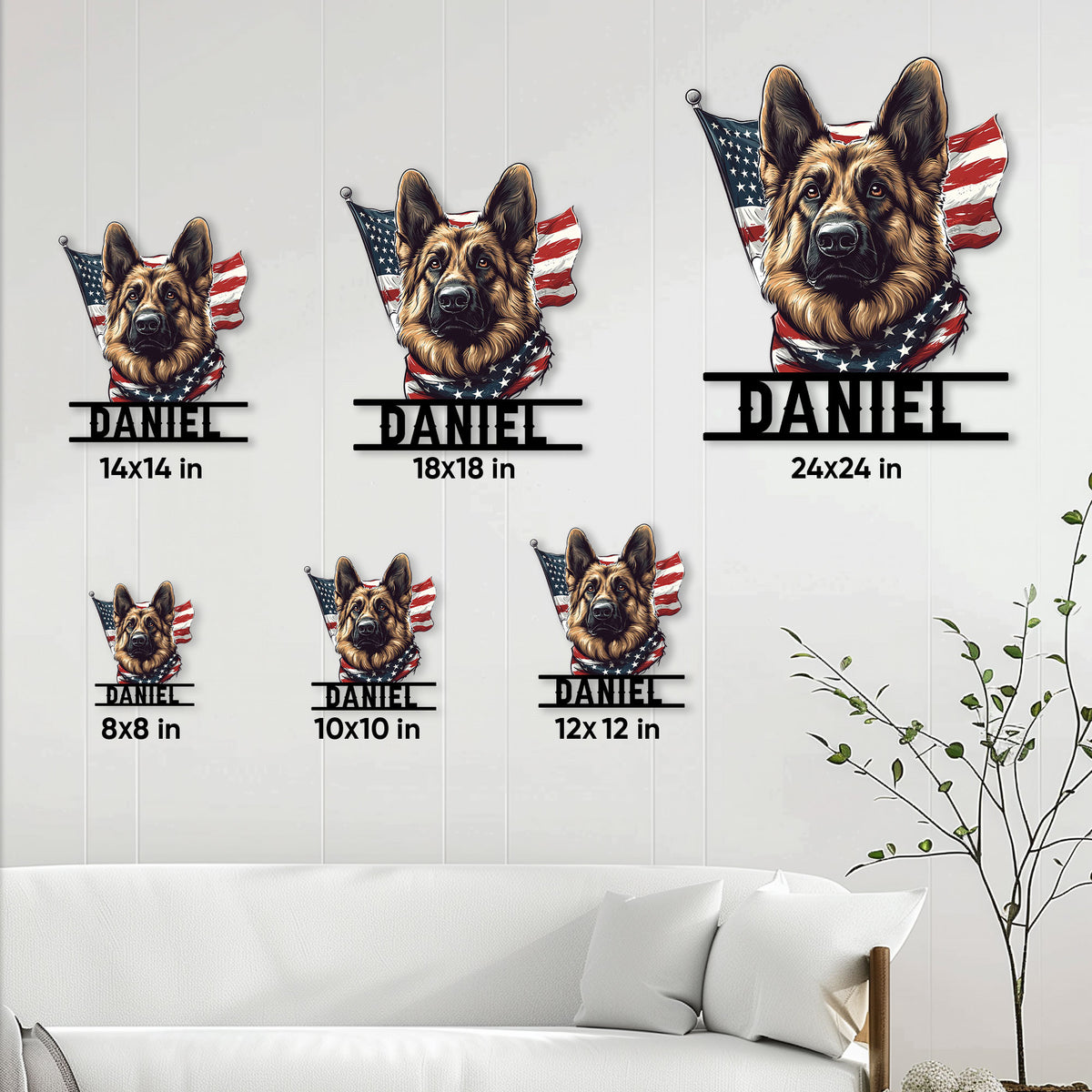 German Shepherd metal sign size guide showing several available square size options in a living room