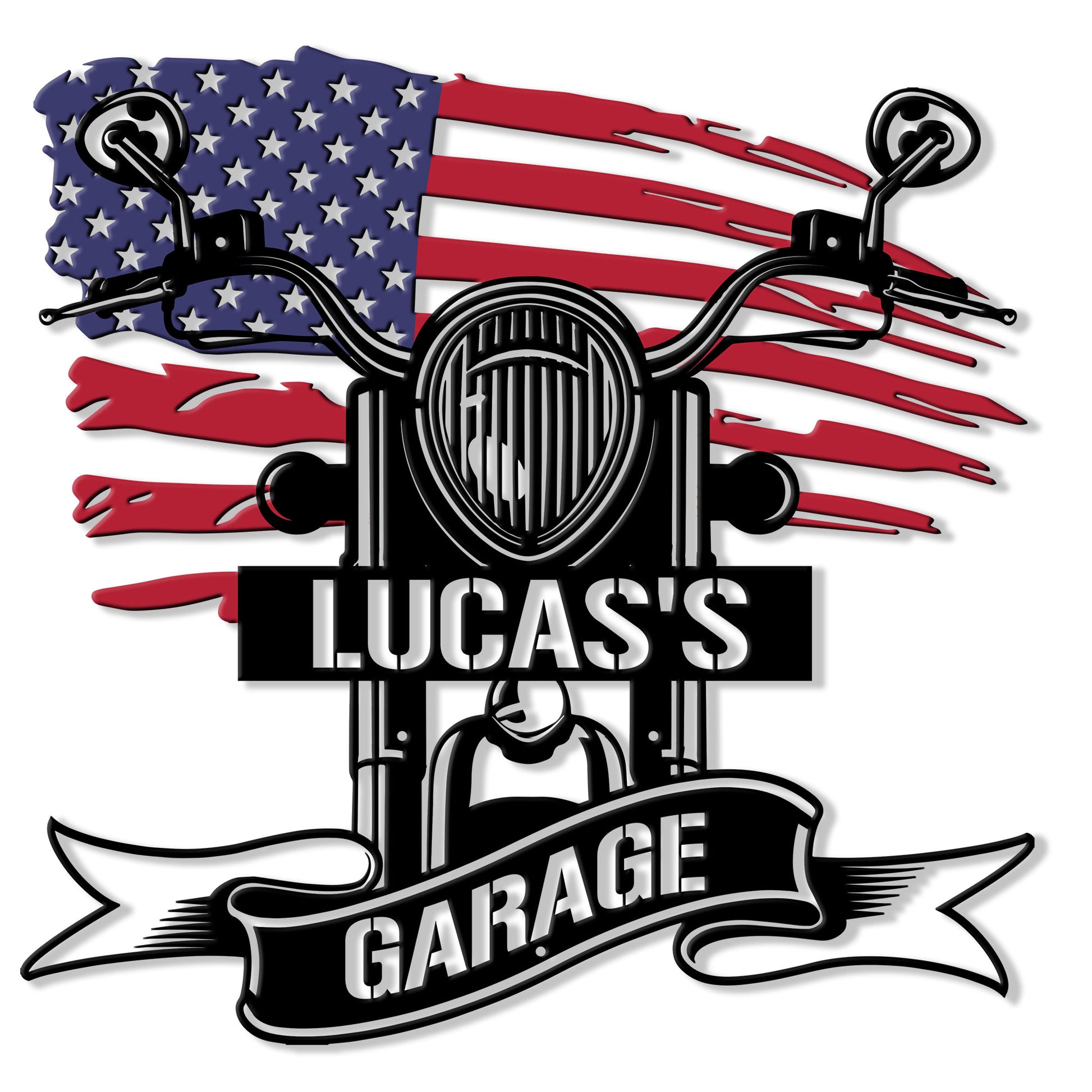 Biker metal sign featuring a classic motorcycle front and distressed American flag design for garage decor