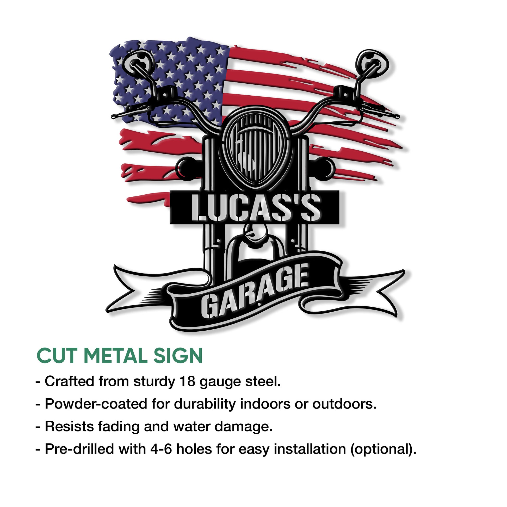 Cut metal biker sign showing a motorcycle grille, high handlebars, patriotic flag backdrop, and garage banner