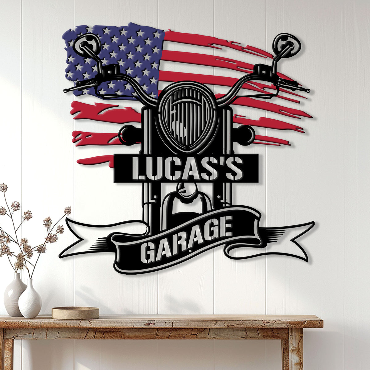 Biker garage wall decor displayed on white paneling above a console table with a motorcycle and flag design