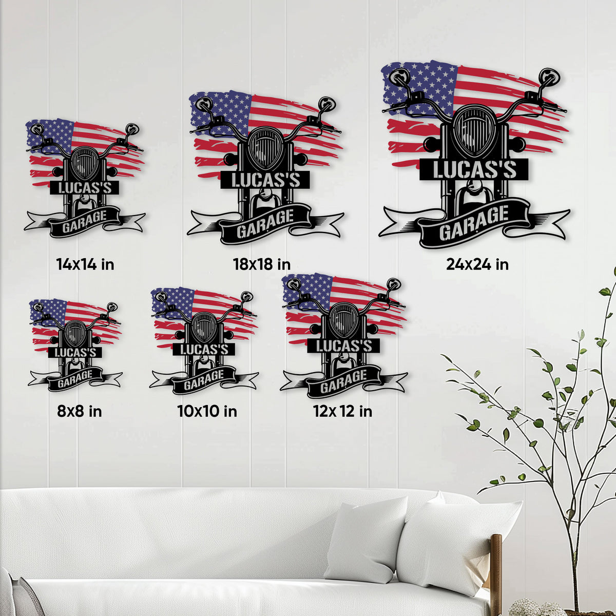 Biker metal sign size guide showing available square sizes from 8 by 8 to 24 by 24 inches
