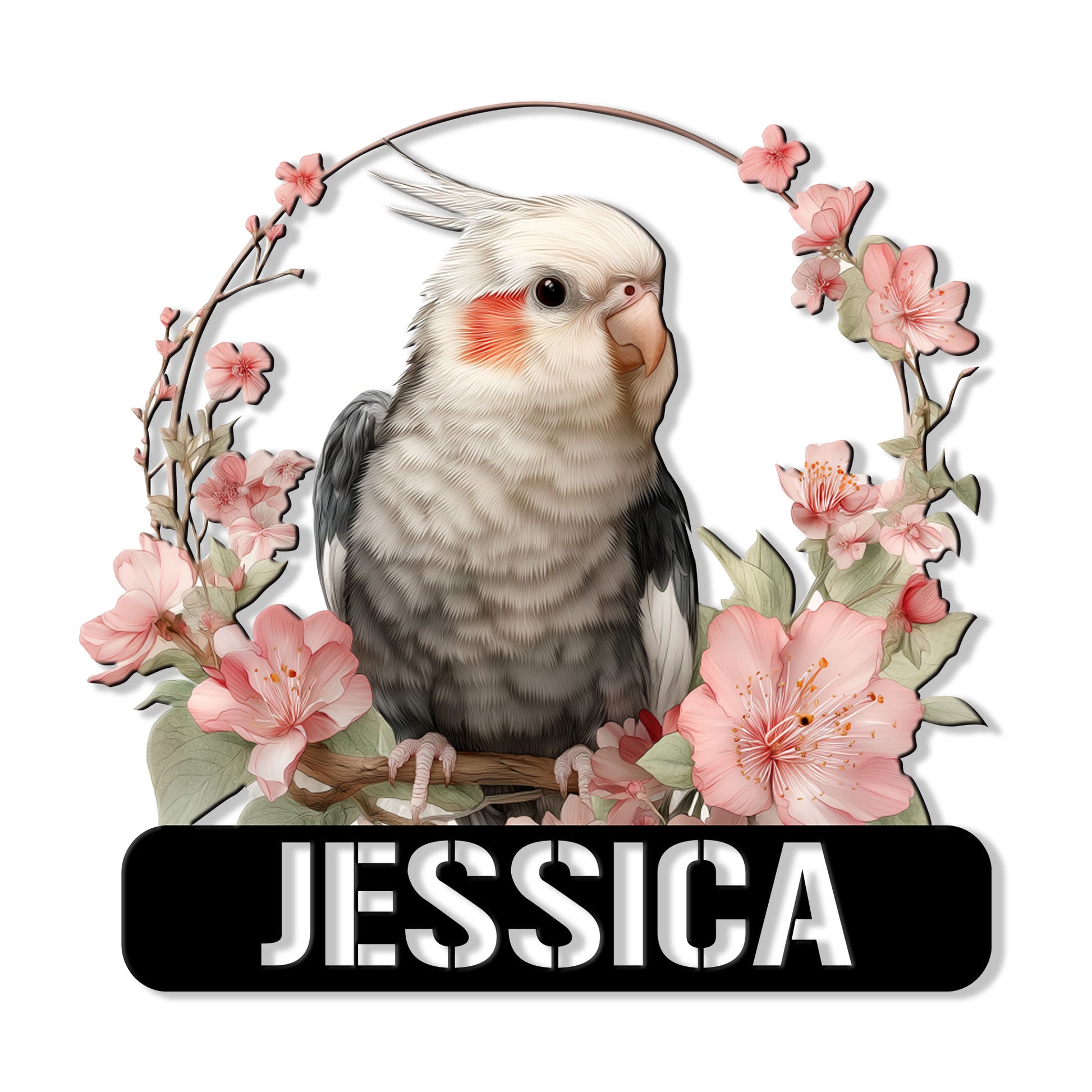 Floral cockatiel metal sign featuring a realistic gray bird perched among pink blossoms
