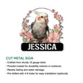 Cockatiel metal sign feature graphic showing the floral bird design and cut metal sign presentation