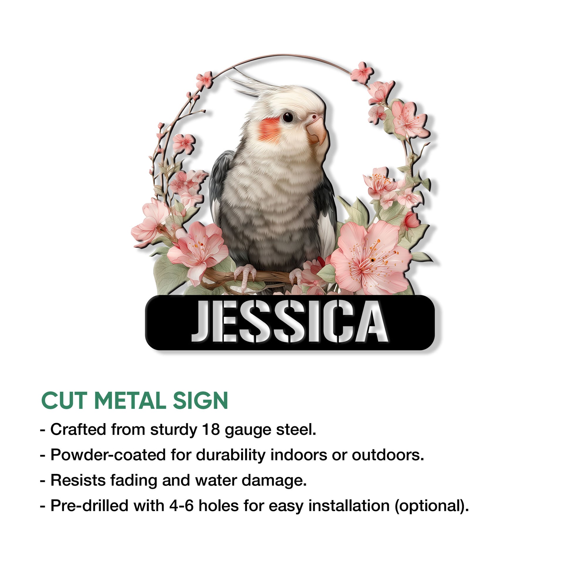 Cockatiel metal sign feature graphic showing the floral bird design and cut metal sign presentation