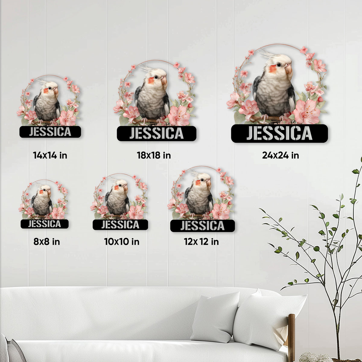 Cockatiel metal sign size guide showing six square size options from 8 by 8 to 24 by 24 inches