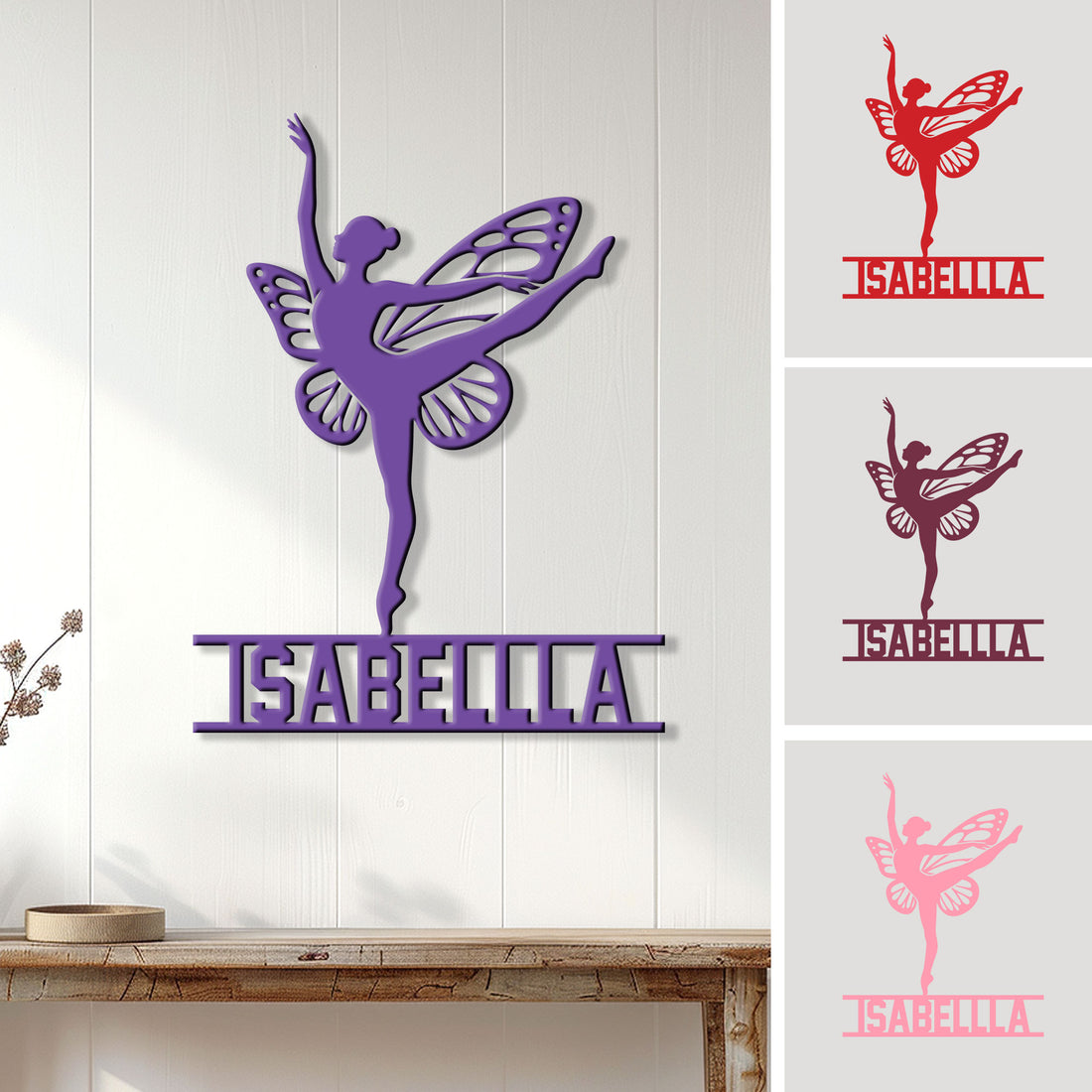 Purple winged gymnast metal sign displayed on a wall, with color options shown alongside the artwork