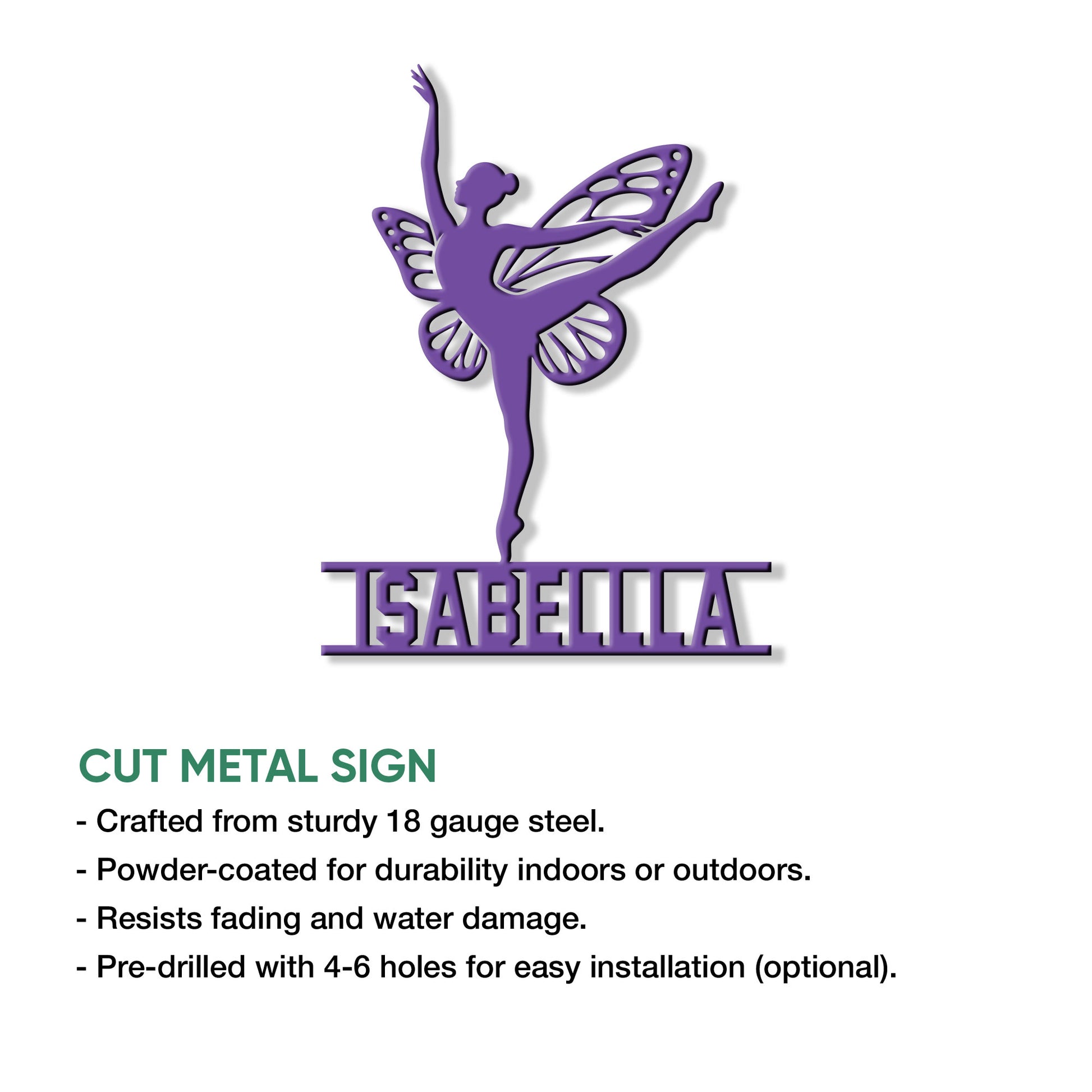 Cut metal sign featuring a graceful gymnast silhouette with decorative wings and a bold base design