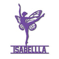Close-up of a purple gymnastics silhouette sign showing an extended pose and detailed wing design