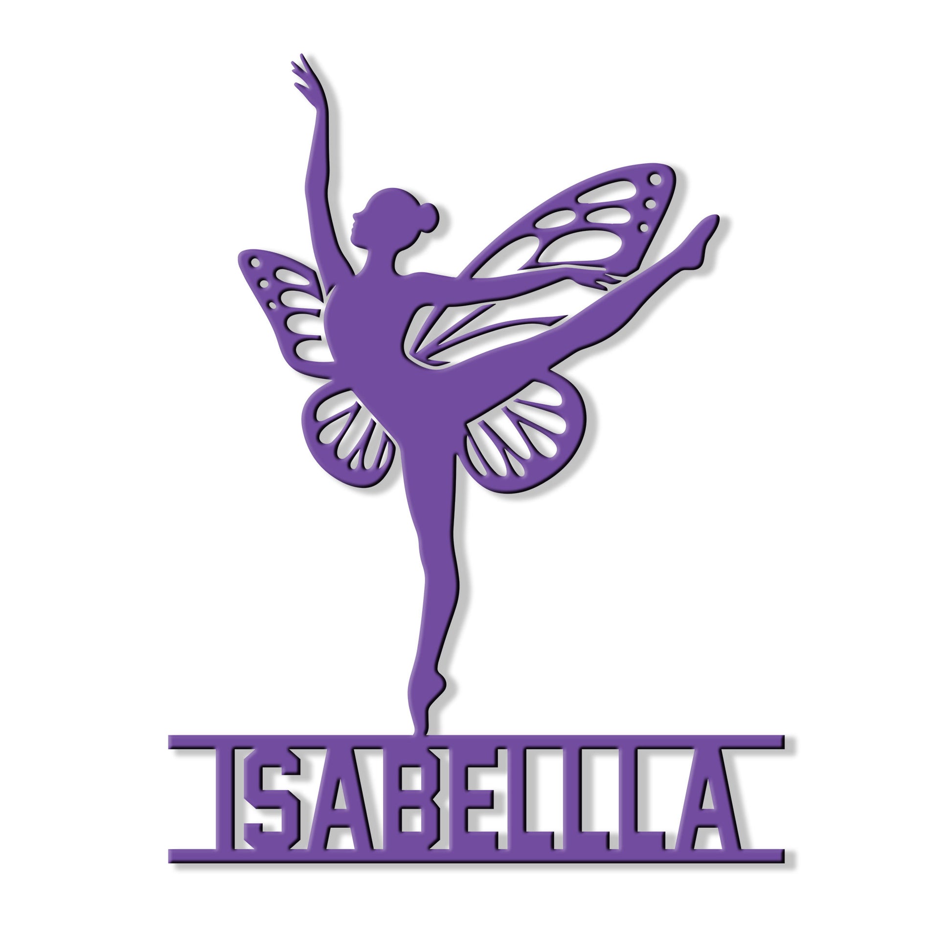 Close-up of a purple gymnastics silhouette sign showing an extended pose and detailed wing design