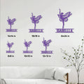 Gymnastics wall sign size guide showing six available square sizes in a room setting