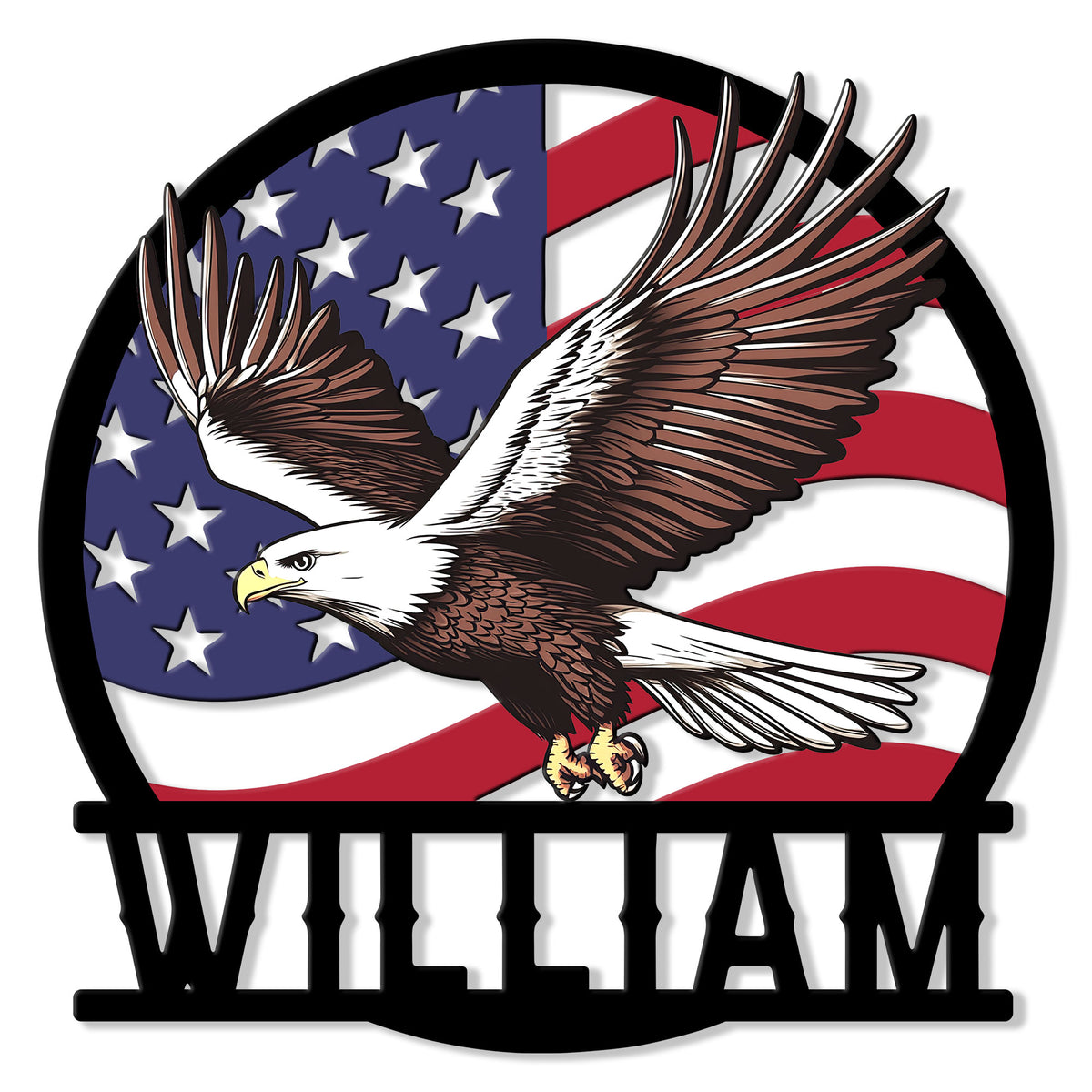 Custom bald eagle metal sign with a flying eagle over a red, white, and blue American flag