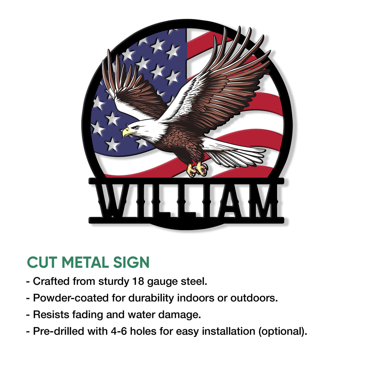 Bald eagle metal sign feature graphic showing the patriotic flag design and available sign details