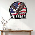 Patriotic bald eagle wall sign displayed on a white paneled wall above a wood console table