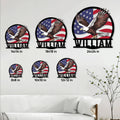 Bald eagle metal sign size guide showing multiple square size options in a living room setting