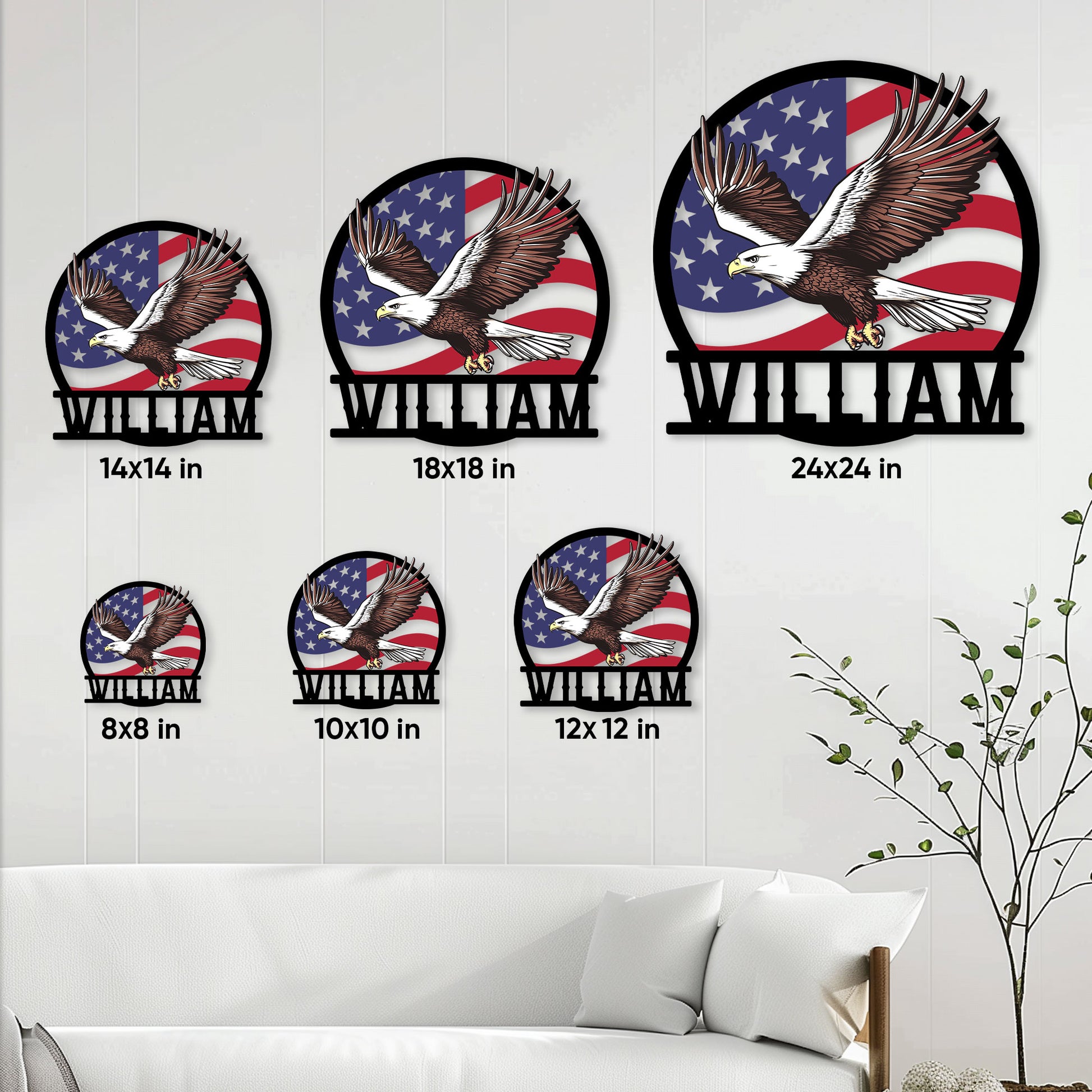 Bald eagle metal sign size guide showing multiple square size options in a living room setting
