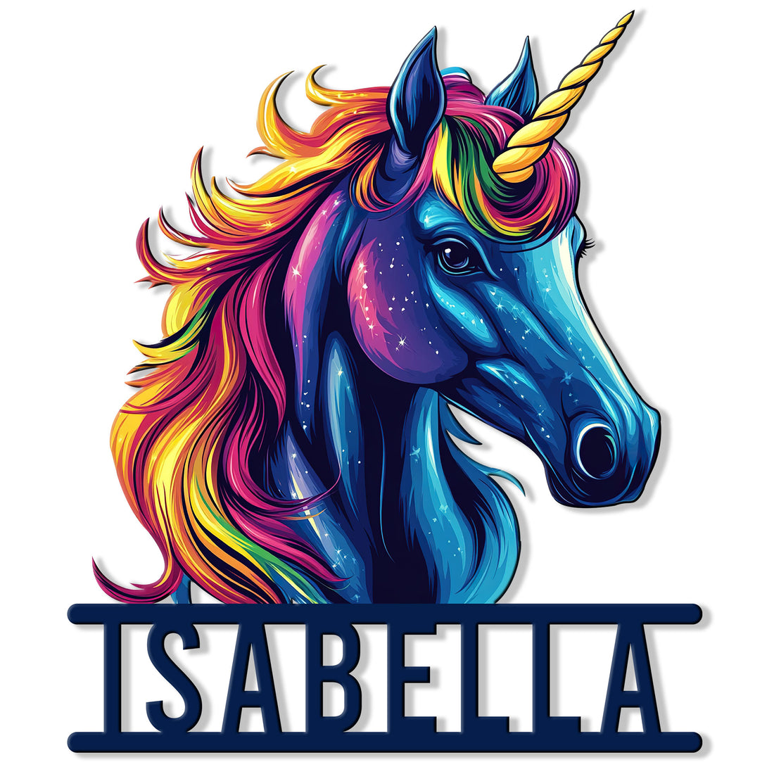 Colorful unicorn metal sign featuring a blue horse portrait, golden horn, and vibrant rainbow mane