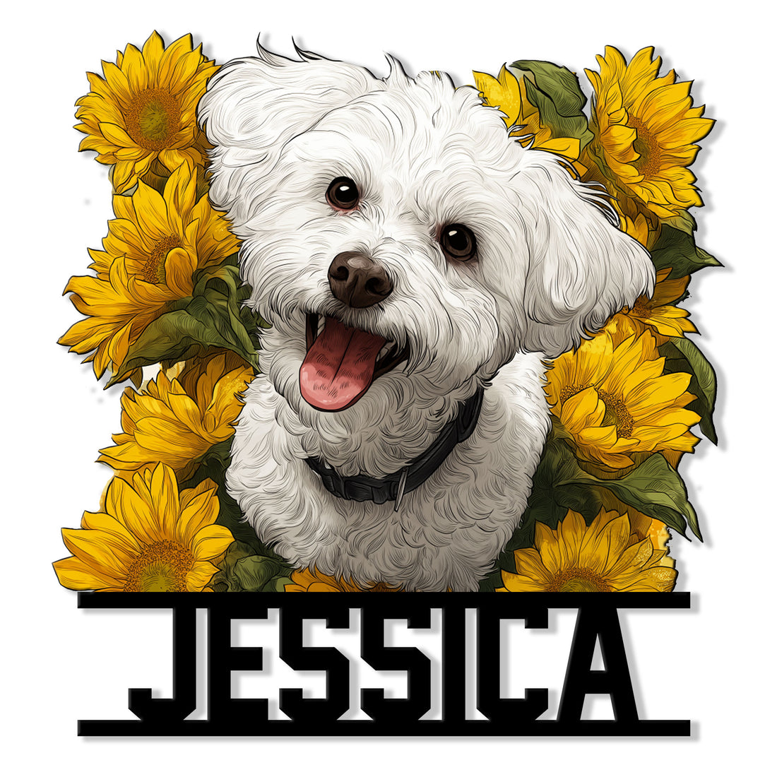Custom Maltipoo metal sign featuring a cheerful fluffy dog portrait framed by bright sunflowers